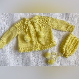 Vintage Baby Girl's Cardigan Set *0-3 Months* YELLOW Pom-Pom Crochet Sweater